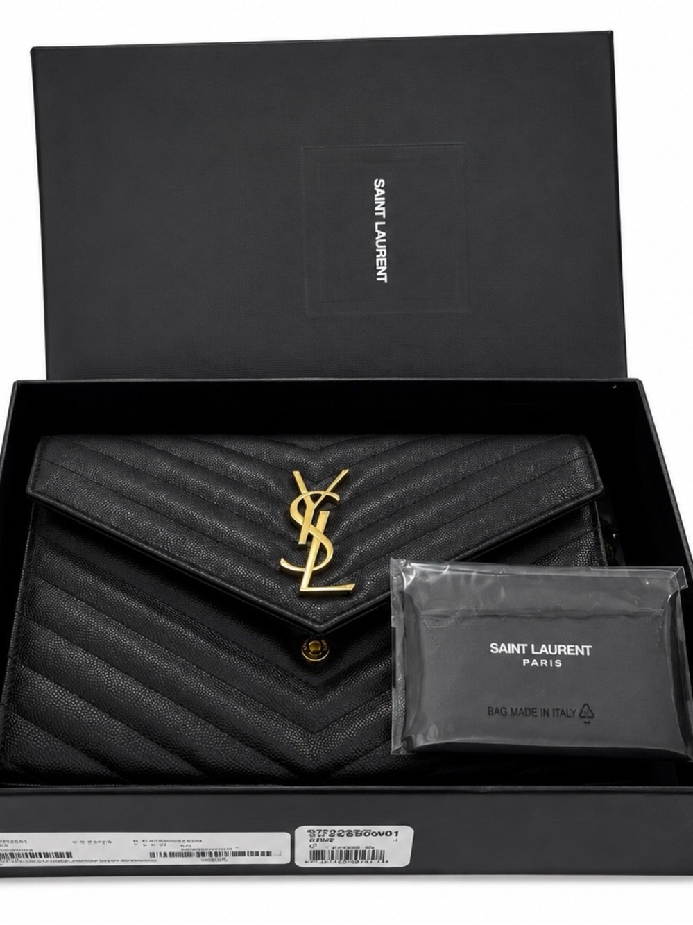 Authentic YSL Monogram Envelope Chain Wallet Blk Grain de Poudre Lthr wDust Bag